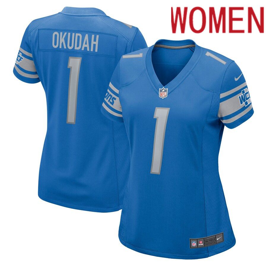 Women Detroit Lions 1 Jeff Okudah Nike Blue Game NFL Jersey